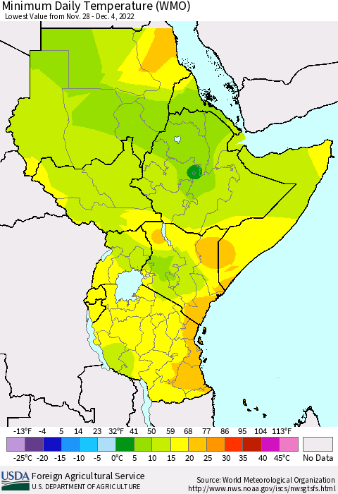 Eastern Africa Minimum Daily Temperature (WMO) Thematic Map For 11/28/2022 - 12/4/2022