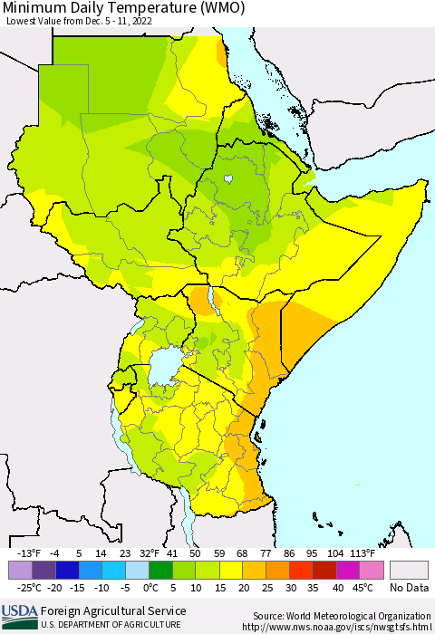 Eastern Africa Minimum Daily Temperature (WMO) Thematic Map For 12/5/2022 - 12/11/2022