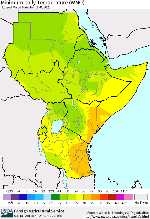 Eastern Africa Minimum Daily Temperature (WMO) Thematic Map For 1/2/2023 - 1/8/2023