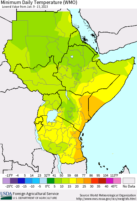 Eastern Africa Minimum Daily Temperature (WMO) Thematic Map For 1/9/2023 - 1/15/2023
