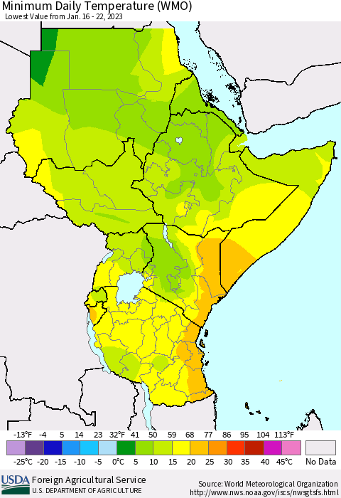 Eastern Africa Minimum Daily Temperature (WMO) Thematic Map For 1/16/2023 - 1/22/2023