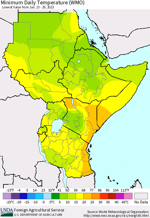 Eastern Africa Minimum Daily Temperature (WMO) Thematic Map For 1/23/2023 - 1/29/2023