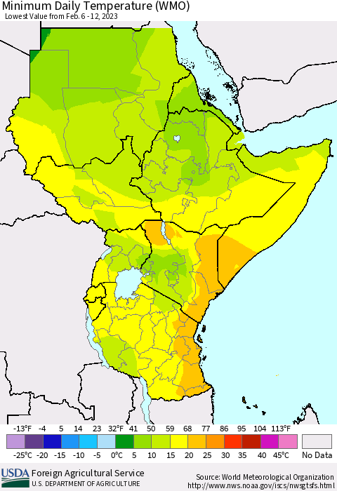 Eastern Africa Minimum Daily Temperature (WMO) Thematic Map For 2/6/2023 - 2/12/2023