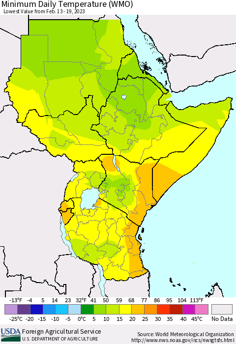 Eastern Africa Minimum Daily Temperature (WMO) Thematic Map For 2/13/2023 - 2/19/2023