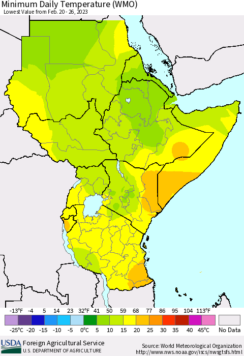 Eastern Africa Minimum Daily Temperature (WMO) Thematic Map For 2/20/2023 - 2/26/2023