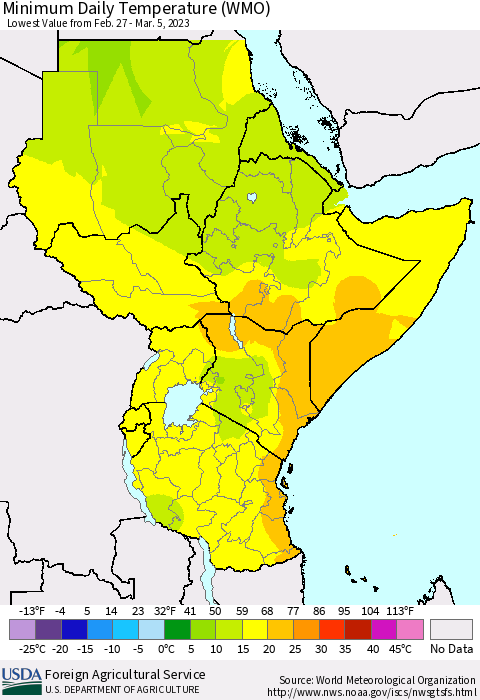 Eastern Africa Minimum Daily Temperature (WMO) Thematic Map For 2/27/2023 - 3/5/2023