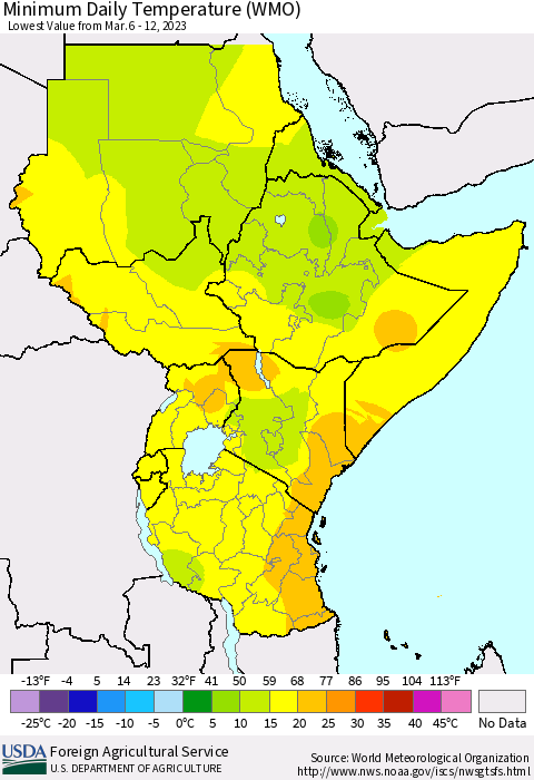 Eastern Africa Minimum Daily Temperature (WMO) Thematic Map For 3/6/2023 - 3/12/2023