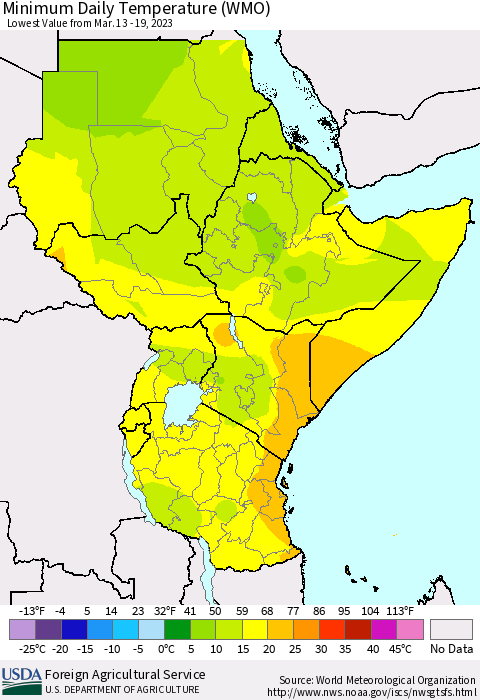 Eastern Africa Minimum Daily Temperature (WMO) Thematic Map For 3/13/2023 - 3/19/2023