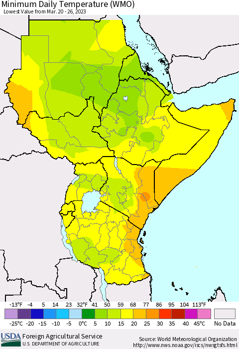 Eastern Africa Minimum Daily Temperature (WMO) Thematic Map For 3/20/2023 - 3/26/2023