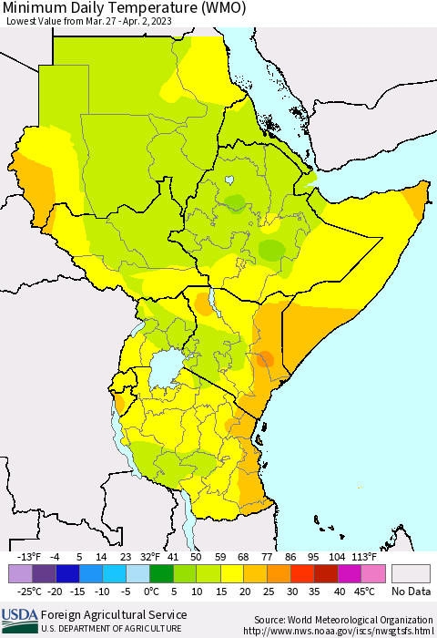 Eastern Africa Minimum Daily Temperature (WMO) Thematic Map For 3/27/2023 - 4/2/2023