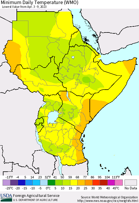 Eastern Africa Minimum Daily Temperature (WMO) Thematic Map For 4/3/2023 - 4/9/2023
