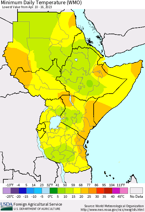 Eastern Africa Minimum Daily Temperature (WMO) Thematic Map For 4/10/2023 - 4/16/2023