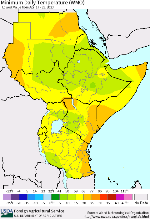 Eastern Africa Minimum Daily Temperature (WMO) Thematic Map For 4/17/2023 - 4/23/2023