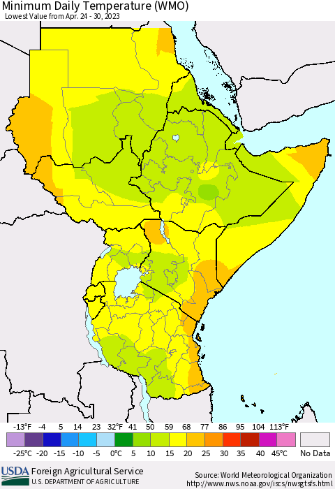Eastern Africa Minimum Daily Temperature (WMO) Thematic Map For 4/24/2023 - 4/30/2023