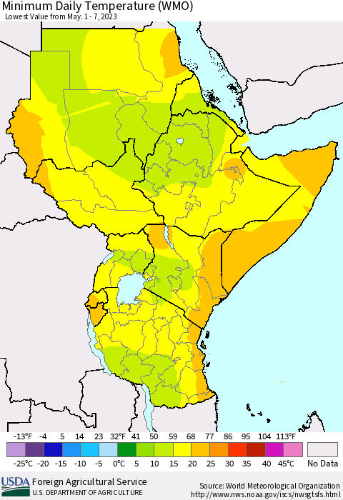 Eastern Africa Minimum Daily Temperature (WMO) Thematic Map For 5/1/2023 - 5/7/2023