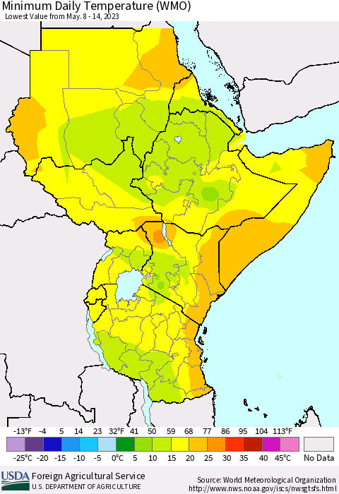 Eastern Africa Minimum Daily Temperature (WMO) Thematic Map For 5/8/2023 - 5/14/2023