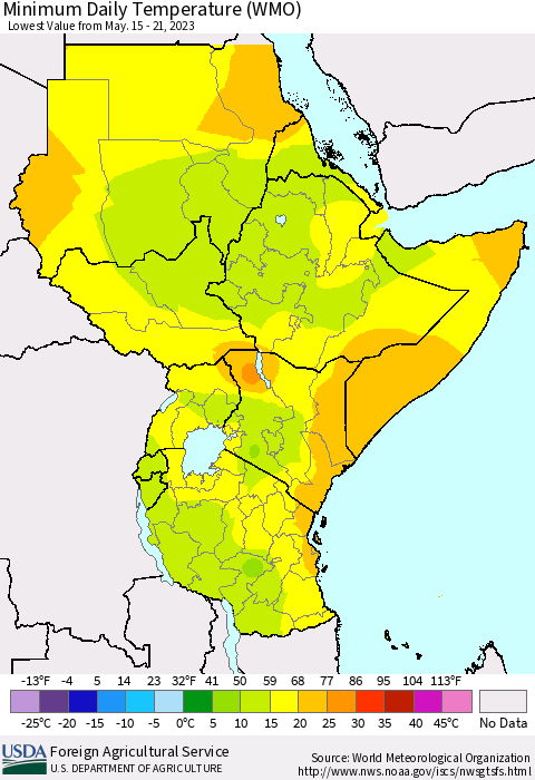 Eastern Africa Minimum Daily Temperature (WMO) Thematic Map For 5/15/2023 - 5/21/2023