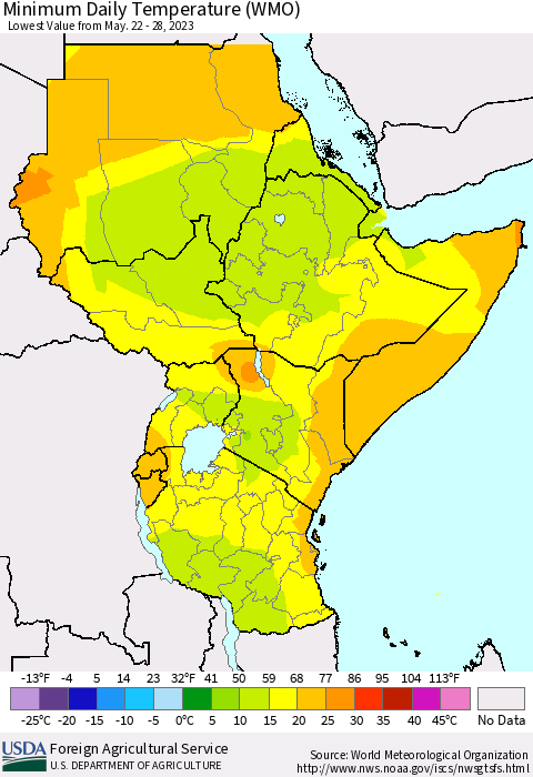 Eastern Africa Minimum Daily Temperature (WMO) Thematic Map For 5/22/2023 - 5/28/2023