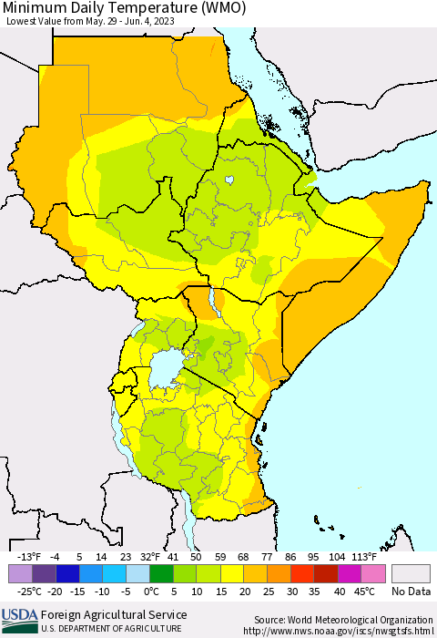 Eastern Africa Minimum Daily Temperature (WMO) Thematic Map For 5/29/2023 - 6/4/2023