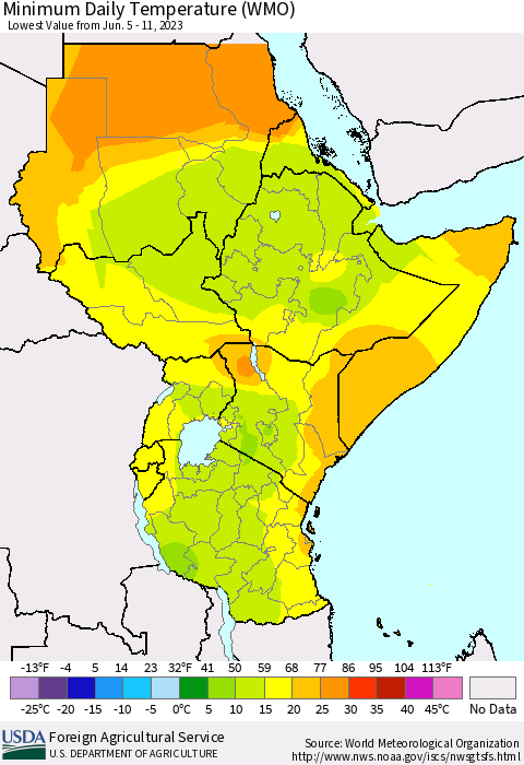 Eastern Africa Minimum Daily Temperature (WMO) Thematic Map For 6/5/2023 - 6/11/2023
