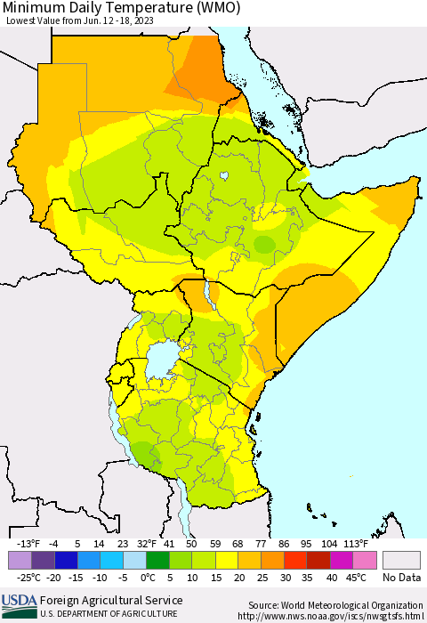 Eastern Africa Minimum Daily Temperature (WMO) Thematic Map For 6/12/2023 - 6/18/2023