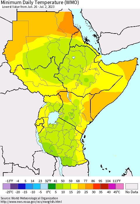 Eastern Africa Minimum Daily Temperature (WMO) Thematic Map For 6/26/2023 - 7/2/2023