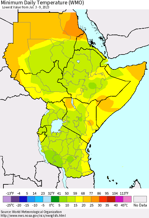Eastern Africa Minimum Daily Temperature (WMO) Thematic Map For 7/3/2023 - 7/9/2023