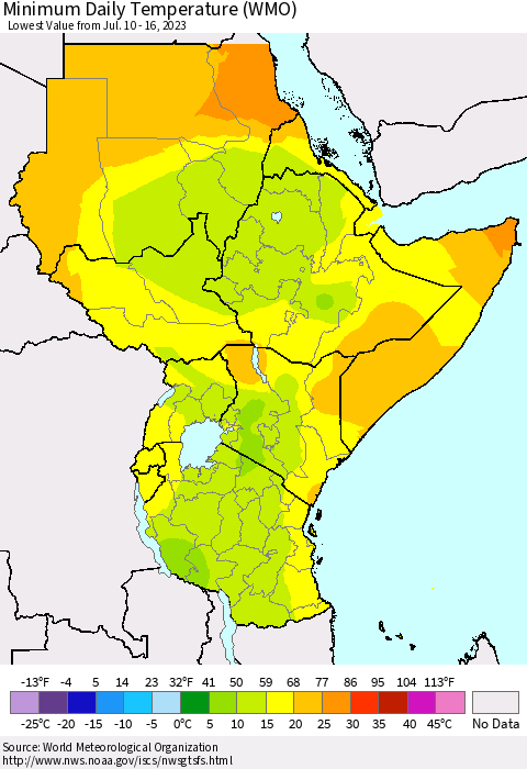 Eastern Africa Minimum Daily Temperature (WMO) Thematic Map For 7/10/2023 - 7/16/2023