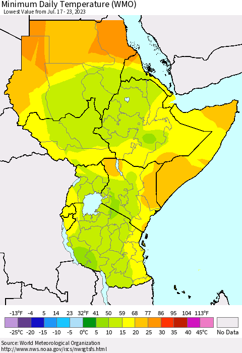 Eastern Africa Minimum Daily Temperature (WMO) Thematic Map For 7/17/2023 - 7/23/2023