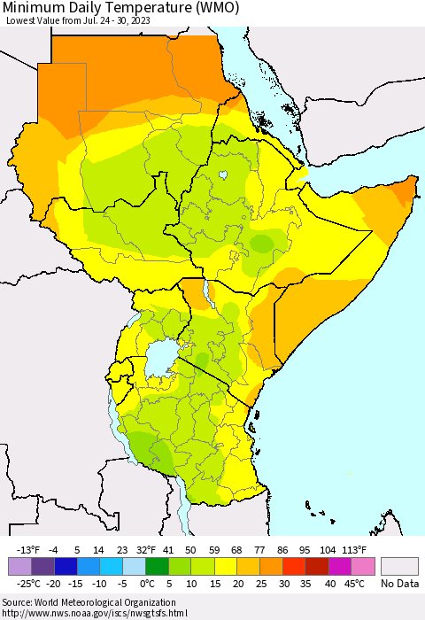 Eastern Africa Minimum Daily Temperature (WMO) Thematic Map For 7/24/2023 - 7/30/2023