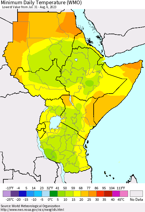 Eastern Africa Minimum Daily Temperature (WMO) Thematic Map For 7/31/2023 - 8/6/2023