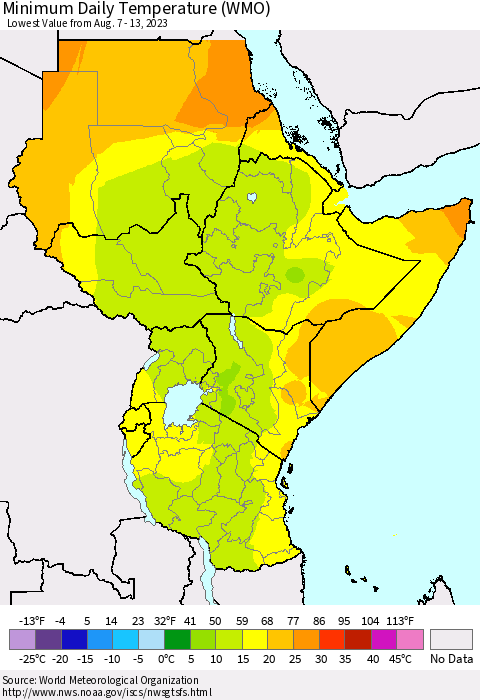Eastern Africa Minimum Daily Temperature (WMO) Thematic Map For 8/7/2023 - 8/13/2023