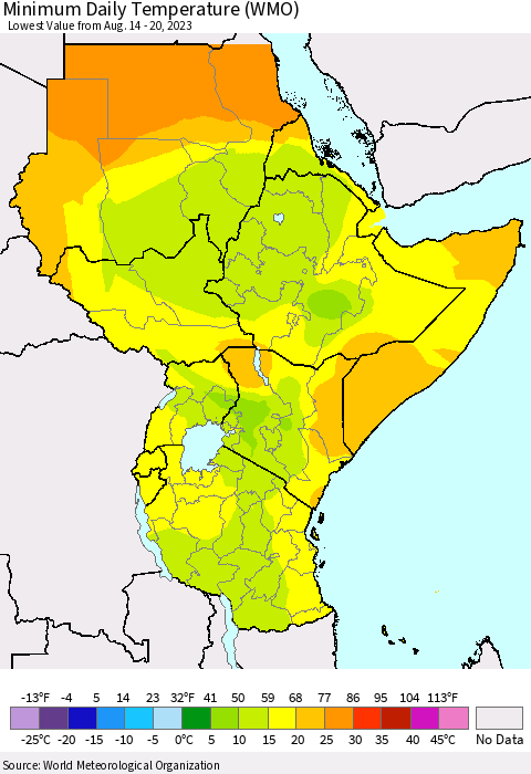 Eastern Africa Minimum Daily Temperature (WMO) Thematic Map For 8/14/2023 - 8/20/2023
