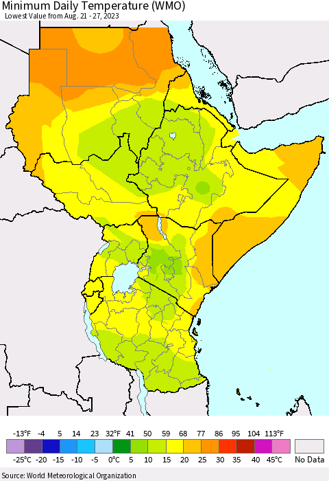 Eastern Africa Minimum Daily Temperature (WMO) Thematic Map For 8/21/2023 - 8/27/2023