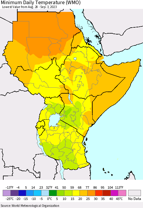 Eastern Africa Minimum Daily Temperature (WMO) Thematic Map For 8/28/2023 - 9/3/2023