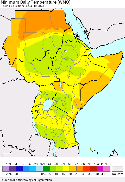 Eastern Africa Minimum Daily Temperature (WMO) Thematic Map For 9/4/2023 - 9/10/2023