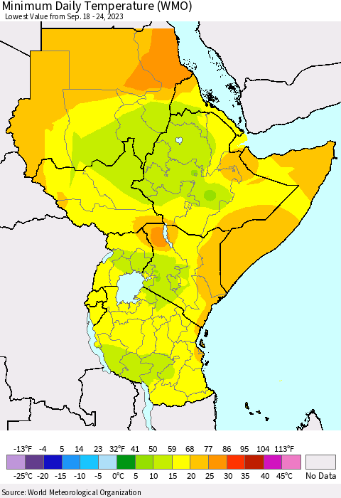 Eastern Africa Minimum Daily Temperature (WMO) Thematic Map For 9/18/2023 - 9/24/2023