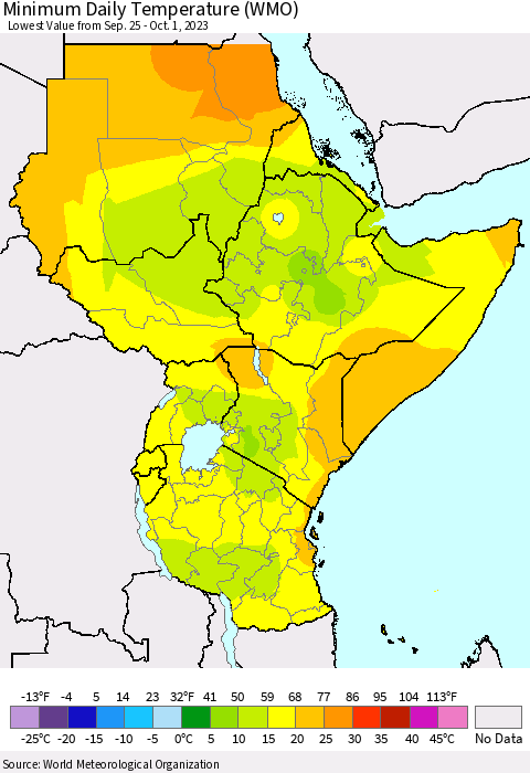Eastern Africa Minimum Daily Temperature (WMO) Thematic Map For 9/25/2023 - 10/1/2023