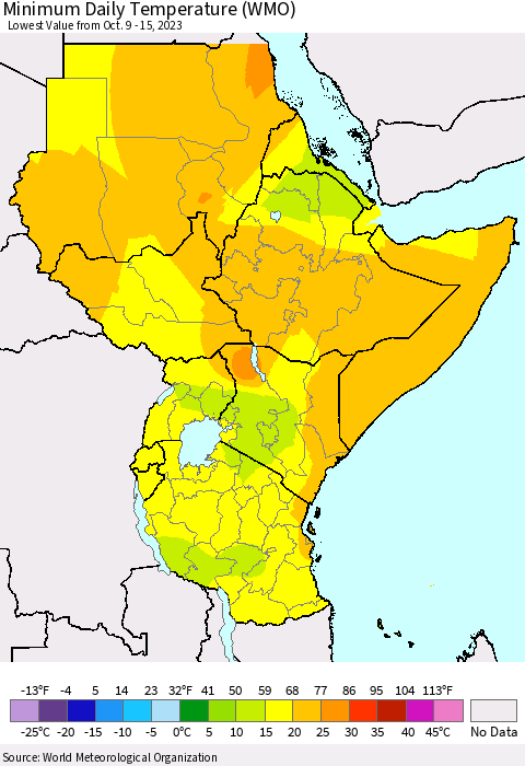 Eastern Africa Minimum Daily Temperature (WMO) Thematic Map For 10/9/2023 - 10/15/2023