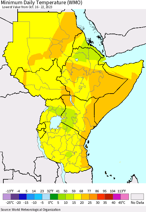 Eastern Africa Minimum Daily Temperature (WMO) Thematic Map For 10/16/2023 - 10/22/2023