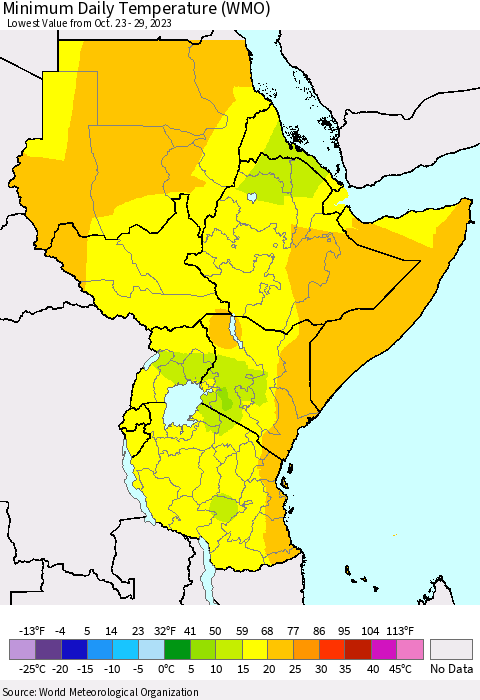 Eastern Africa Minimum Daily Temperature (WMO) Thematic Map For 10/23/2023 - 10/29/2023