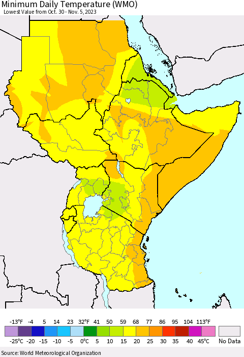 Eastern Africa Minimum Daily Temperature (WMO) Thematic Map For 10/30/2023 - 11/5/2023