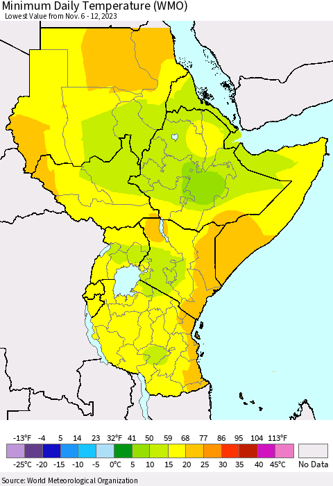 Eastern Africa Minimum Daily Temperature (WMO) Thematic Map For 11/6/2023 - 11/12/2023