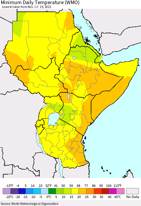 Eastern Africa Minimum Daily Temperature (WMO) Thematic Map For 11/13/2023 - 11/19/2023