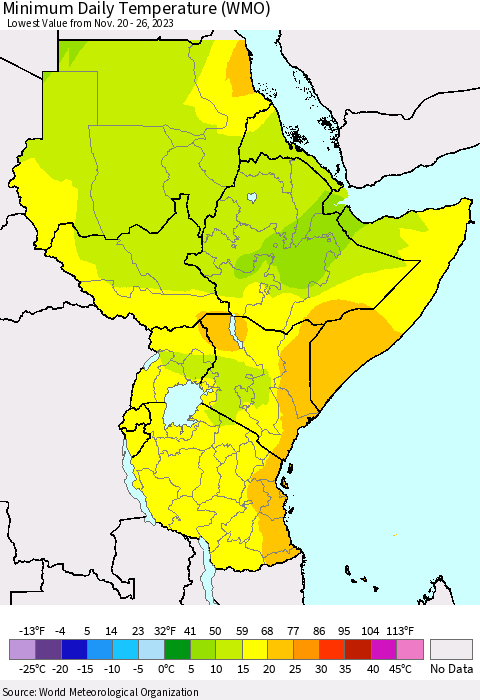 Eastern Africa Minimum Daily Temperature (WMO) Thematic Map For 11/20/2023 - 11/26/2023