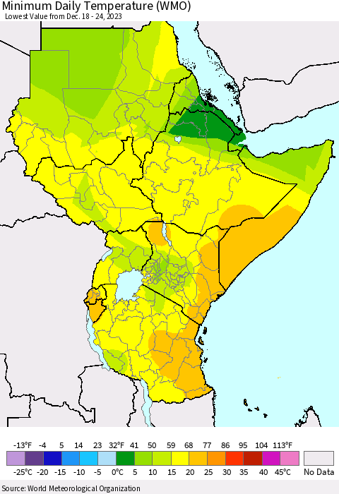 Eastern Africa Minimum Daily Temperature (WMO) Thematic Map For 12/18/2023 - 12/24/2023