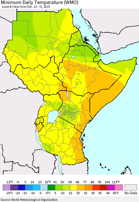 Eastern Africa Minimum Daily Temperature (WMO) Thematic Map For 12/25/2023 - 12/31/2023