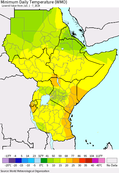 Eastern Africa Minimum Daily Temperature (WMO) Thematic Map For 1/1/2024 - 1/7/2024