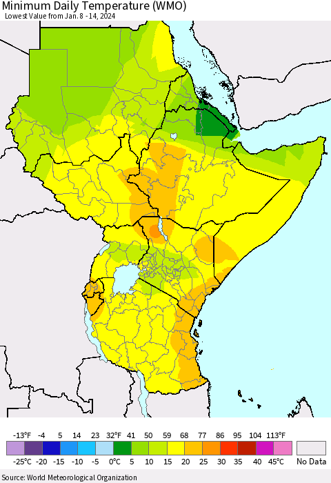 Eastern Africa Minimum Daily Temperature (WMO) Thematic Map For 1/8/2024 - 1/14/2024
