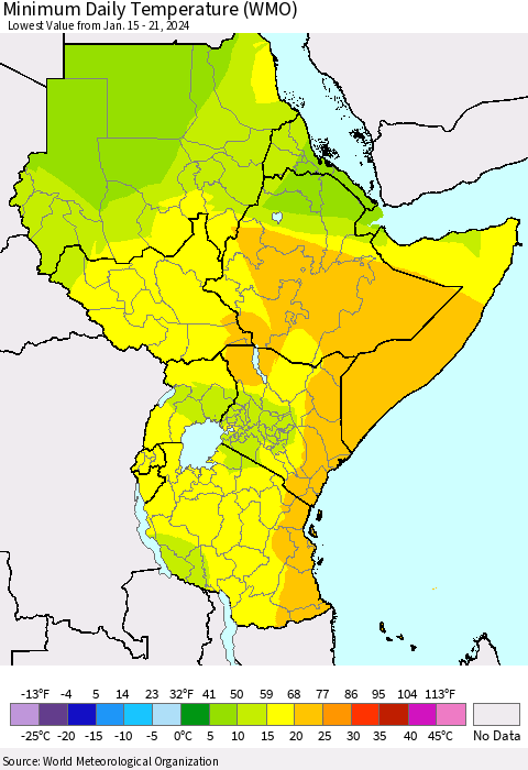 Eastern Africa Minimum Daily Temperature (WMO) Thematic Map For 1/15/2024 - 1/21/2024